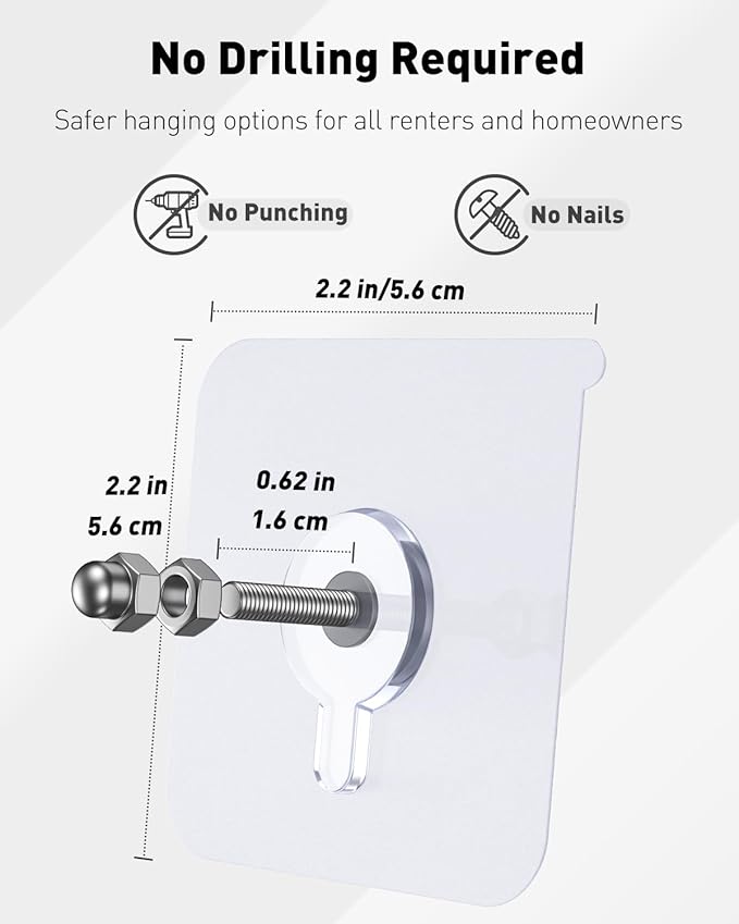 Uniclife 10 Pcs Self Adhesive Picture Hooks, 26.5 lbs Load No Drill Screw - Image 2
