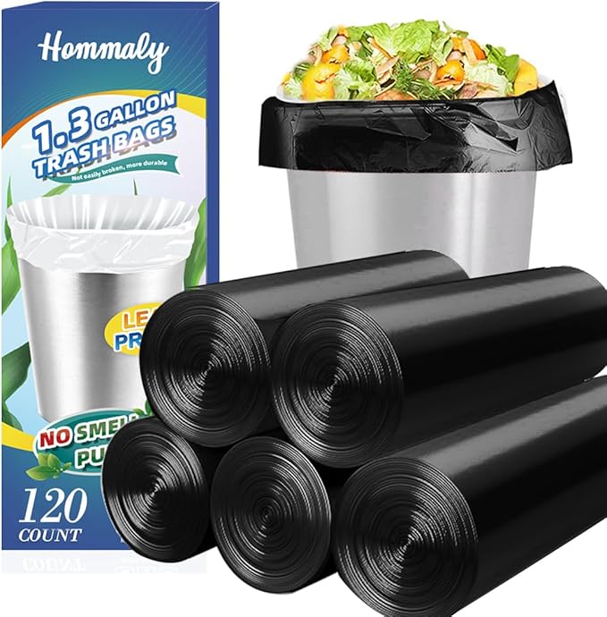 1.3 Gallon 120 pcs Small Black Trash Bags, Strong 1.2 Gallon 1.3 Gallon Garbage by HOMMALY
