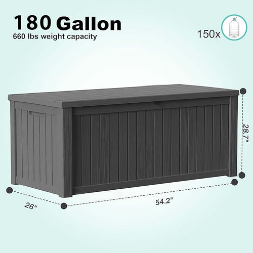 180 Gallon Outdoor Deck Box, Lockable Waterproof Outdoor Storage Boxes For Garden Tools,Indoor Cushions,Accessories Outside Storage Resin Weatherproof Container(Black) - Image 2