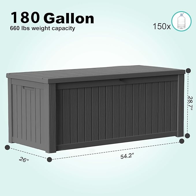 EasyUp 180 Gallon Outdoor Storage Box, Resin Waterproof UV-Resistant Deck Box with Hydraulic Lid Support, Reinforced Stability for Patio, Garden, and Poolside, Black - Image 2