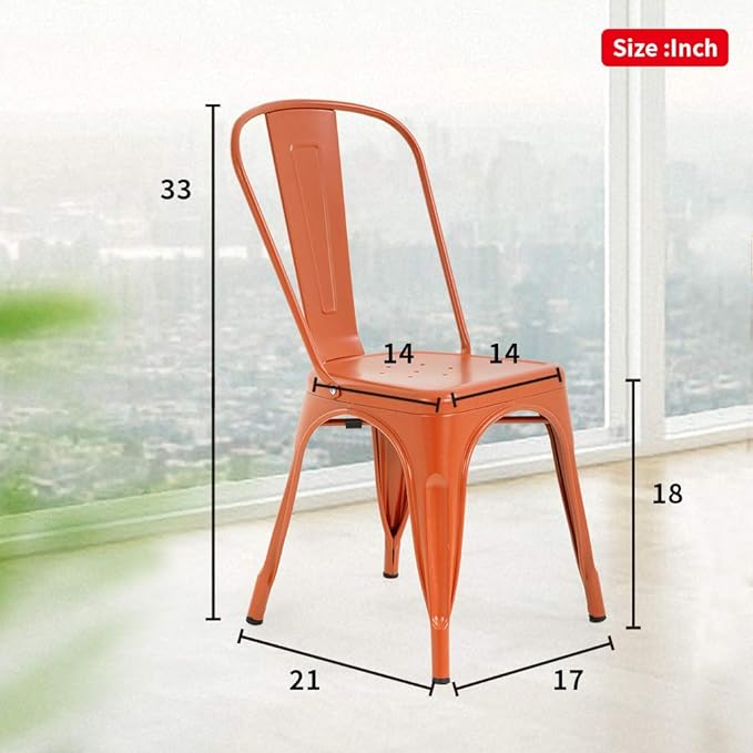 FDW | Set of 4 Metal Dining Chairs | Orange | Stackable Tolix Side Chairs with Backrest | Scratch-Resistant | Non-Slip Feet | Indoor/Outdoor Use | 330 lbs Capacity | Ideal for Kitchen & Restaurant - Image 3