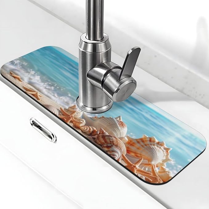 Faucet Draining Mat For Kitchen Sink, Beach Seashells Starfish Diatom Mud by indokyeyqaz
