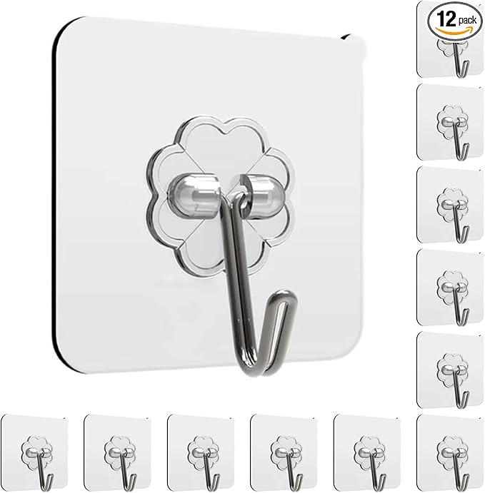 Adhesive Hooks, 12 Pack Heavy Duty Sticky Hooks, Transparent Removable Adhesive by SZNKB