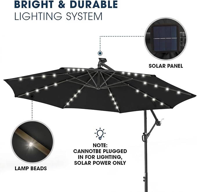 wikiwiki 10ft Solar LED Patio Umbrella with Base Included, Offset Umbrella with Weighted Sandbag Base, Cantilever Patio Umbrellas for Backyard, Garden & Deck, 32 LED Lights & Polyester Shade, Black - Image 3