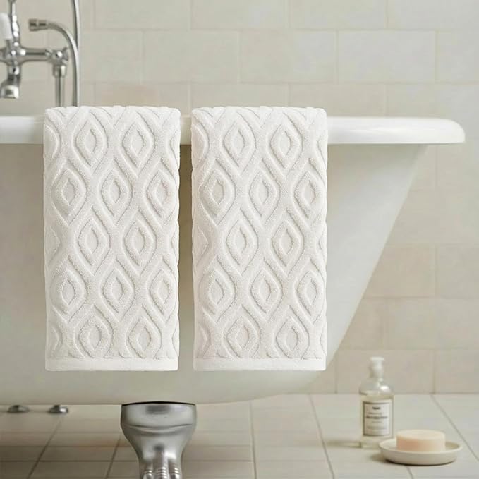 Artoid Mode 2 Pcs White 3D Diamond Grid Jacquard Hand Towels - Image 4