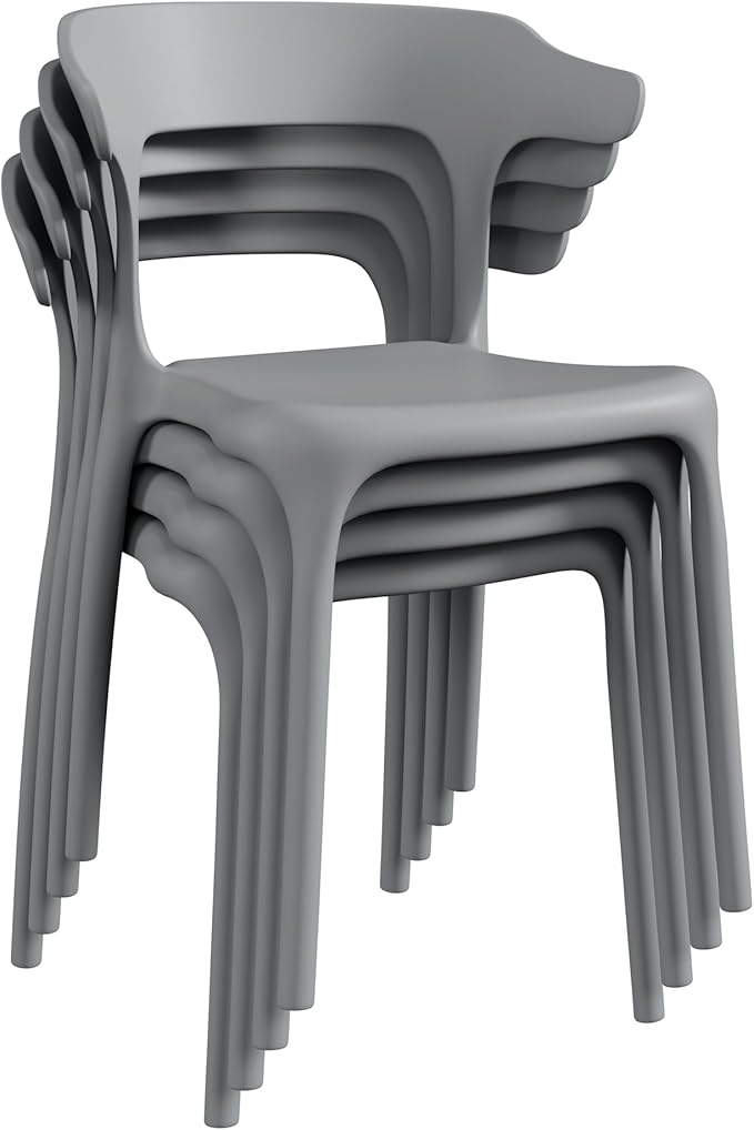 VECELO 4 Pack Plastic Stacking Chairs, Stackable Dining Chairs for Kitchen Restaurant Patio, Portable Indoor Outdoor Use, No Assembly Required, Gray by VECELO