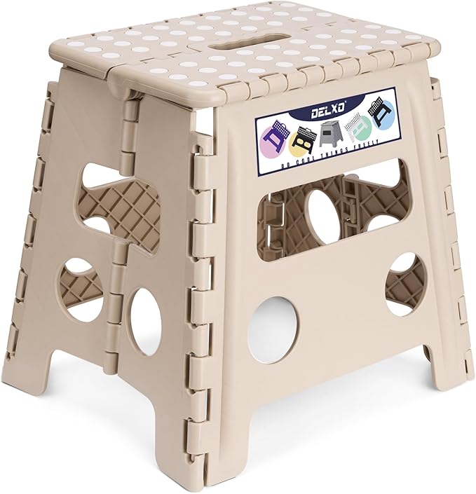 Delxo Office Step Stool, 13 inch Non-Slip Foldable Stools for Adults Up to 300 LBS, Step Stool with Handle, Lightweight for Kitchen, Bathroom, Bedroom, Office, Khaki, 1PC by Delxo