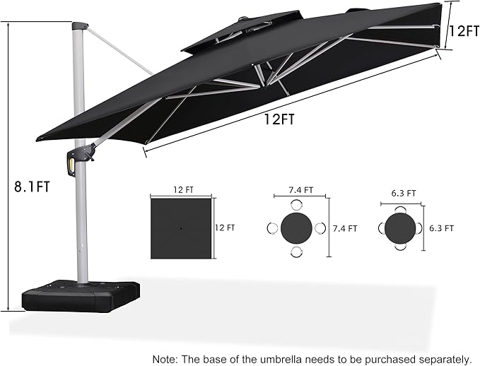 PURPLE LEAF 12 Feet Double Top Deluxe Square Patio Umbrella Offset Hanging Umbrella Cantilever Outdoor Market Umbrella Garden, Black - Image 8