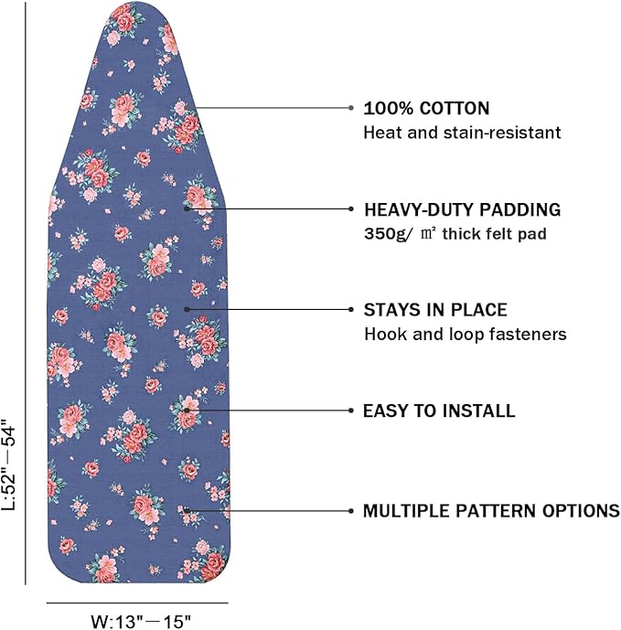 Ironing Board Cover and Pad Standard Size 15" x 54", 3 Pairs of Hook and Loop - Image 2