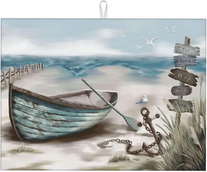 Sea view wooden boat Dish Drying Mat by Ovitssrk
