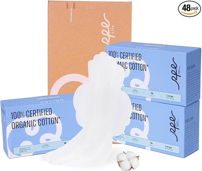 100% Large Organic Pads for Women, Ultra Thin Heavy Flow Sanitary Napkins by RPELife