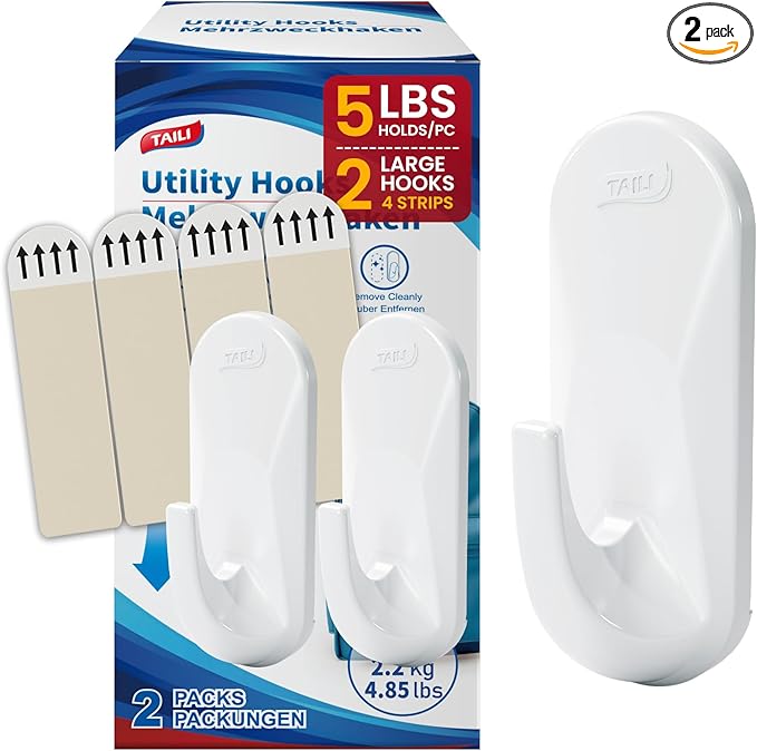 TAILI Hooks for Hanging, 2 Plastic Large Sticky Hooks and 4 Adhesive Strips by TAILI