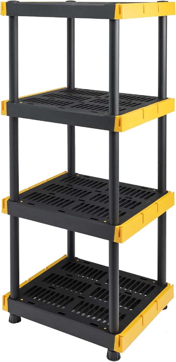 BLACK & YELLOW 4-Tier Heavy Duty Plastic Storage Shelves that Support up to 100lbs/shelf, Organization and Storage, Weather-Resistant Design, Easy Assembly, Made in The USA (55H x 24W x 20D) by BLACK+%26+YELLOW