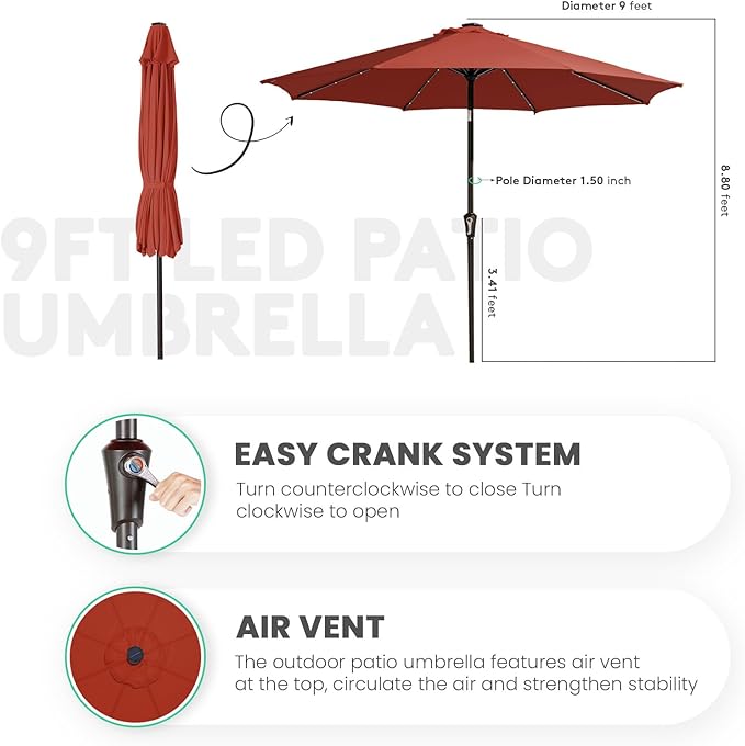JEAREY 9FT Outdoor Patio Umbrella with Solar Lights, LED Lighted Pool Umbrella with Tilt and Crank, Outdoor Table Umbrellas for Deck, Yard & Market (Red) - Image 3