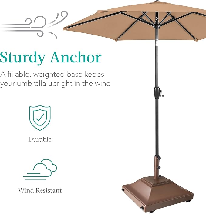 Best Choice Products Fillable Mobile Umbrella Base, Heavy Duty Base, Square Tiered Market Stand for Patio, Deck, Outdoor w/ 4 Wheels, 2 Locks, 2 Knobs, 120lb Capacity - Brown - Image 3