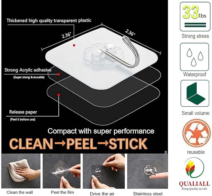 Adhesive Hooks, 20 Packs, 33lbs/15kg Premium Heavy Duty Wall Ceiling Hooks - Image 8