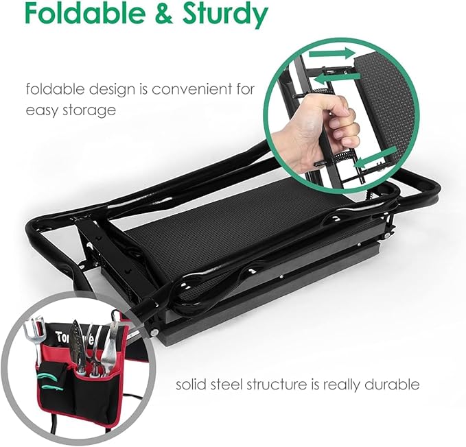 TomCare Garden Kneeler Seat Garden Bench Garden Stools Foldable Stool with Tool Bag Pouch EVA Foam Pad Outdoor Portable Kneeler Christmas Gardening Gifts for Women Men,Large 21.65"x10.62"x18.89",Black - Image 5