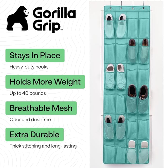 GORILLA GRIP Over the Door Shoe Organizer, 24 Large Breathable Mesh Pockets - Image 2