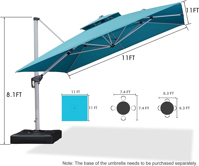 PURPLE LEAF 11 Feet Double Top Deluxe Square Outside Umbrella for Patio Offset Hanging Umbrella, Turquoise Blue - Image 8