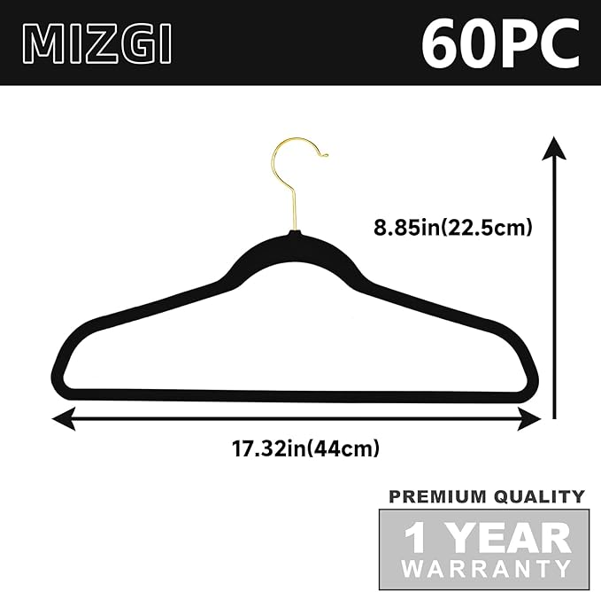 MIZGI Black Velvet Hangers 60 Pack, Premium Gold Clothes Hangers Non-Slip Felt - Image 6