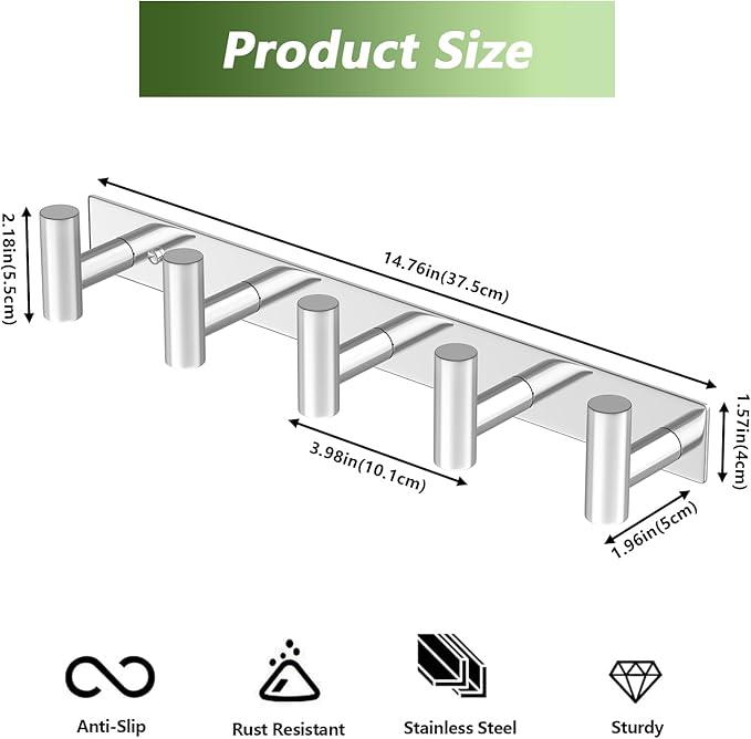 Wall Mounted Coat Rack-5 Hooks, Heavy Duty Stainless Steel Wall Hooks - Image 5