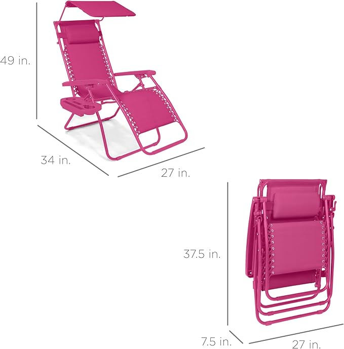 Best Choice Products Folding Zero Gravity Outdoor Recliner Patio Lounge Chair w/Adjustable Canopy Shade, Headrest, Side Accessory Tray, Textilene Mesh - Hot Pink - Image 2