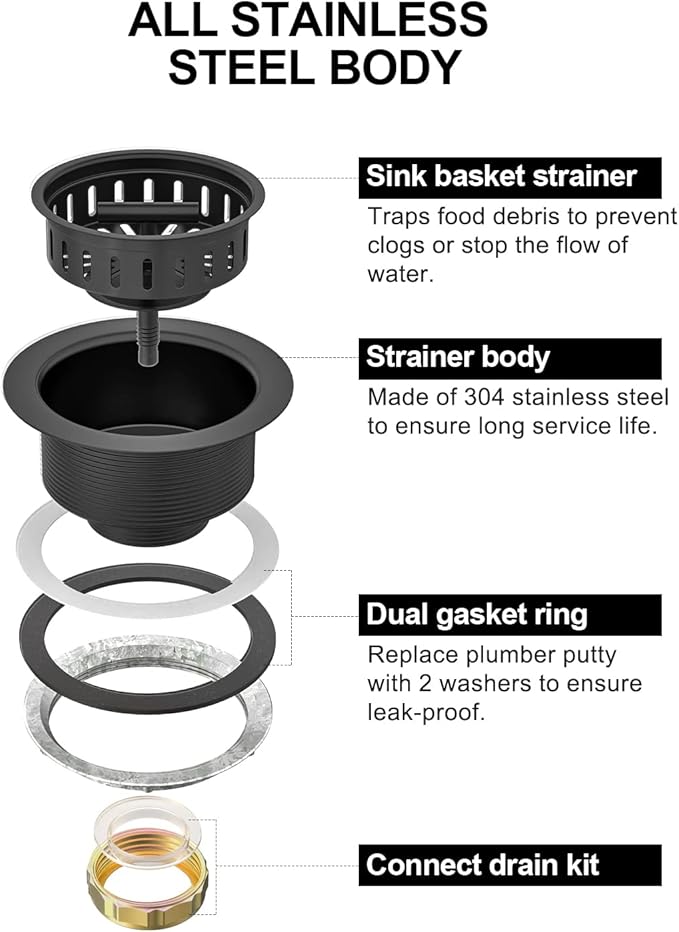 BOTEMY B9171 Black Kitchen Sink Drain Kit 3 1/2 Strainer - Image 5