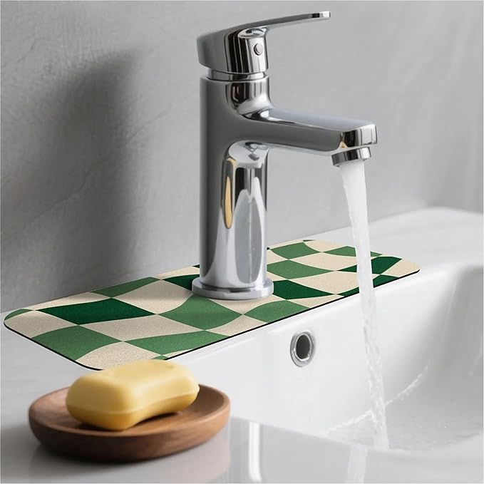 Kitchen Sink Splash Guard，Green-and cream checkered Faucet Mat Sink - Image 2