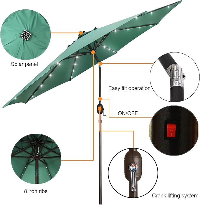 Blissun 9 ft Solar Umbrella, Patio Umbrella with 32 LED Lights, Outdoor Table Market Umbrella for Garden, Deck, Backyard (Seaglass) - Image 2