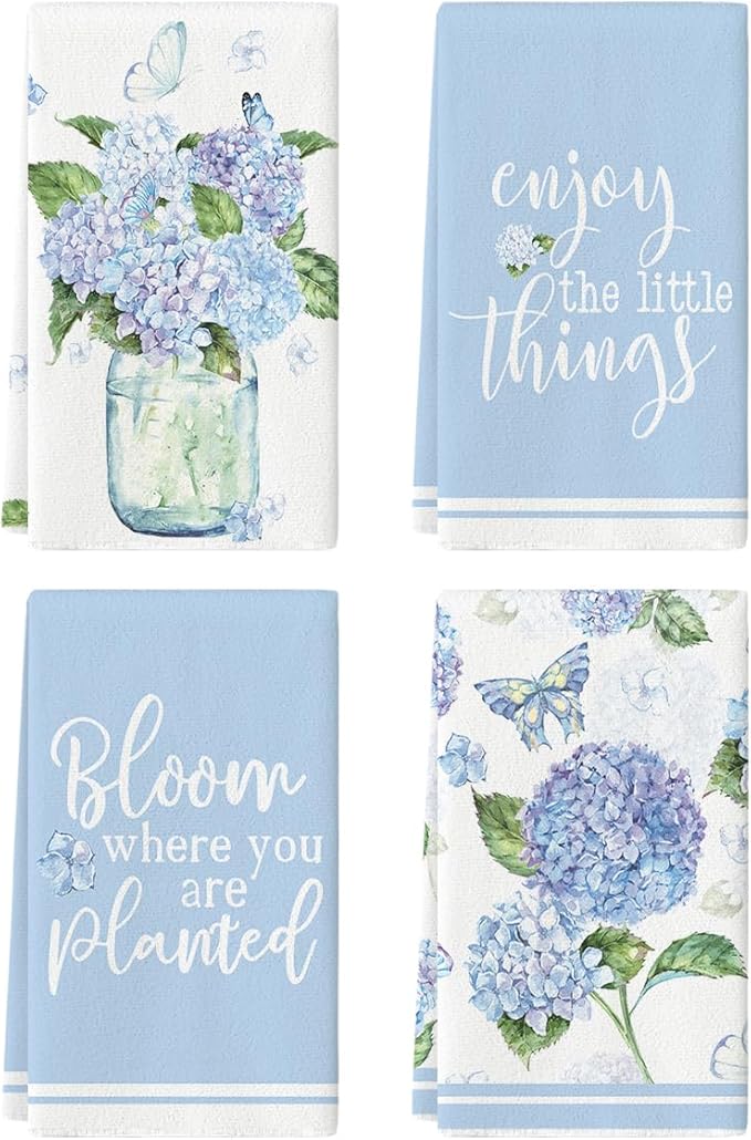Artoid Mode Blue Hydrangea Motto Spring Kitchen Towels Dish Towels, 18x26 Inch by ArtoidMode
