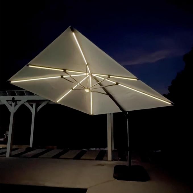 PURPLE LEAF 10 Feet Patio Umbrella with Base Outdoor Cantilever Solar Powered LED Swivel Square Umbrella Aluminum Offset Umbrella with 360-degree Rotation for Garden Deck Pool Patio White - Image 2