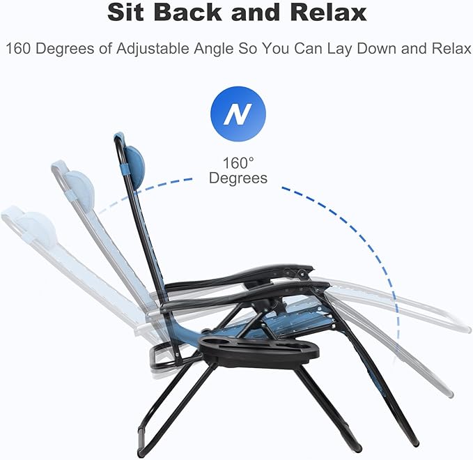 Nazhura Set of 2 Relaxing Recliners Patio Chairs Adjustable Steel Mesh Zero Gravity Lounge Chair Beach Chairs with Pillow and Cup Holder (Sky Blue) - Image 4