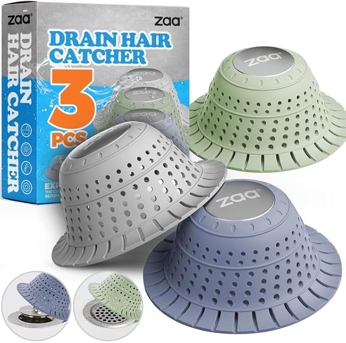 zaa Bathtub Drain Hair Catcher, Silicone Collapsible 3 Pack Drain Protector by zaa