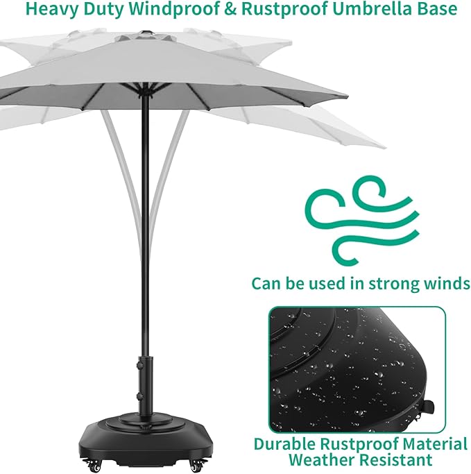 Umbrella Base with Wheels, Umbrella Stand Base Heavy Duty 100lb Windproof, Fillable Umbrella Base Mobile Square Umbrella Stand Outdoor Base for Patio, Deck, Poolside, Lawn, Fits Most Sized Umbrellas - Image 6