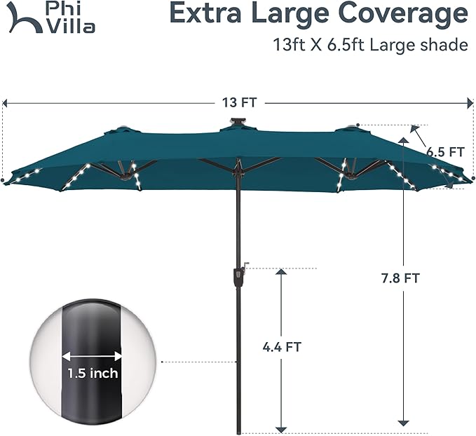 PHI VILLA 13ft Patio Umbrella with Solar-Powered 120 PCS LED Color-Changing Lights, Triple-Head Large Rectangle Umbrella Outdoor Patio for Table with Crank Lift,Cyan(No Base) - Image 6