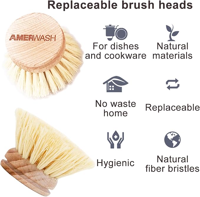 Classic Dish Brush Replacement Head 3 Packs, Natural Bristle Tampico Fiber - Image 2