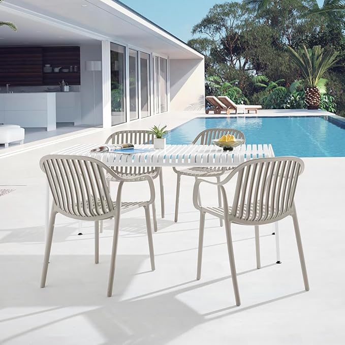 Modern Stackable Outdoor & Indoor Plastic Dining Chairs Set, Outdoor Breathable Armchairs Set, Weather-Resistant, Ideal for Patios, Cafes, and Home Use, No Assembly, Set of 4 (Grey) - Image 5