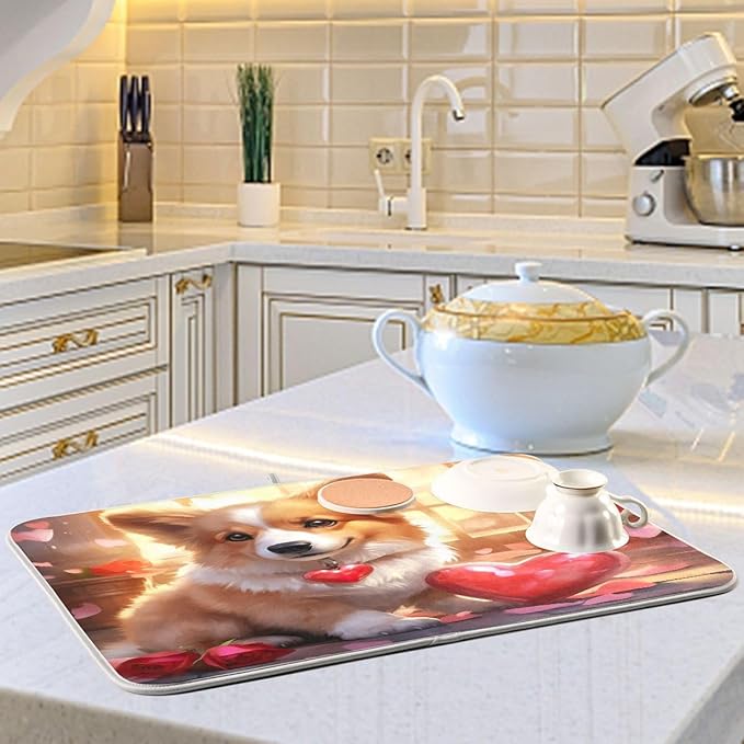 Dish Drying Mat Kitchen Counter Absorbent Valentine Corgi Coffee Sink Mat Dish - Image 6