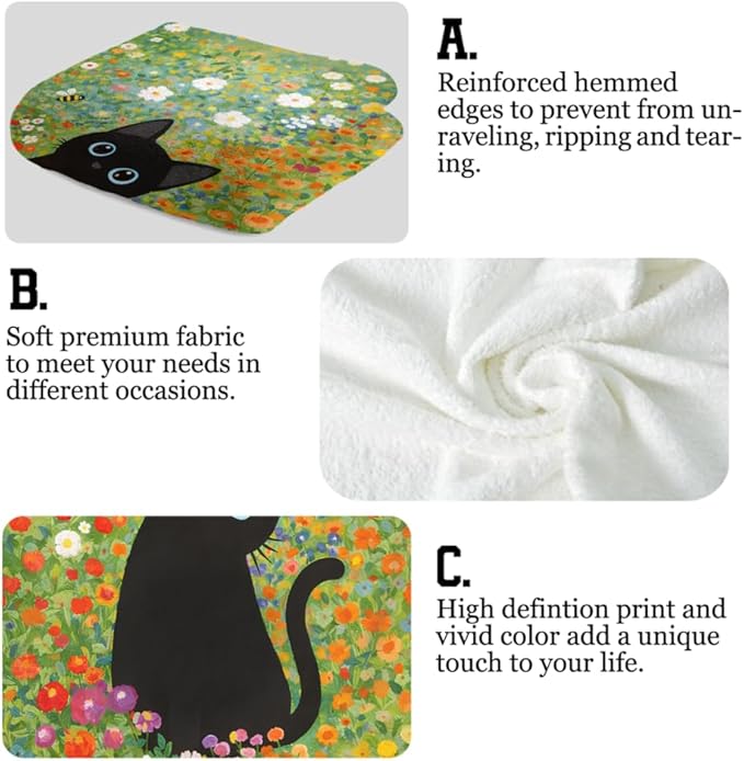 Watercolor Floral Hand Towels for Bathroom, 2 Packs Black Cat Kitchen Towels - Image 3