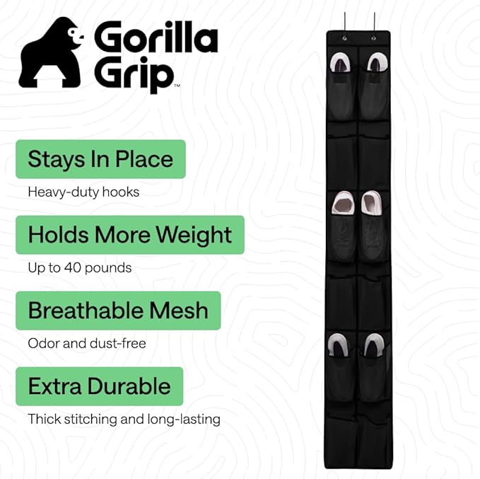 GORILLA GRIP Over the Door Shoe Organizer, 12 Large Breathable Mesh Pockets - Image 2