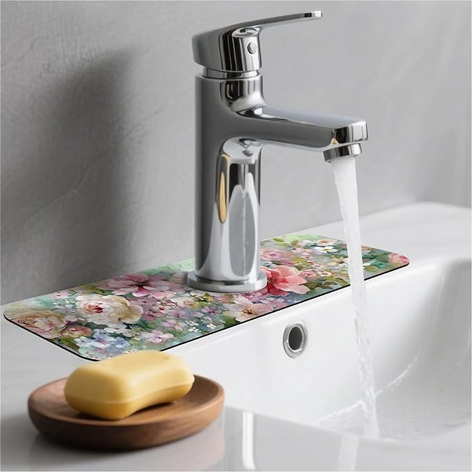 Kitchen Sink Splash Guard，soft-watercolor floral Faucet Mat Sink Gadgets-Super - Image 2
