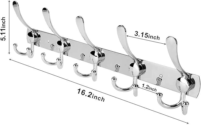 Wall Mount Coat Hook, 2 Pack 15 Hooks Stainless Steel Coat Hangers Rack Robe - Image 2