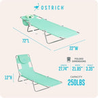 Ostrich 4-Position Outdoor Chaise Lounge w/Face Cushion & Arm Holes, Teal - Lightweight Folding Lounger w/Adjustable Reclining Backrest, Portable w/Carry Strap, 250 lb Weight Capacity - Image 3