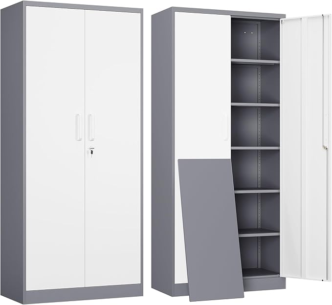 Yizosh Metal Garage Storage Cabinet with 2 Doors and 5 Adjustable Shelves - 71" Steel Lockable File Cabinet,Locking Tool Cabinets for Office,Home,Garage,Gym,School (Gray White) by Yizosh