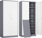 Yizosh Metal Garage Storage Cabinet with 2 Doors and 5 Adjustable Shelves - 71" Steel Lockable File Cabinet,Locking Tool Cabinets for Office,Home,Garage,Gym,School (Gray White) by Yizosh