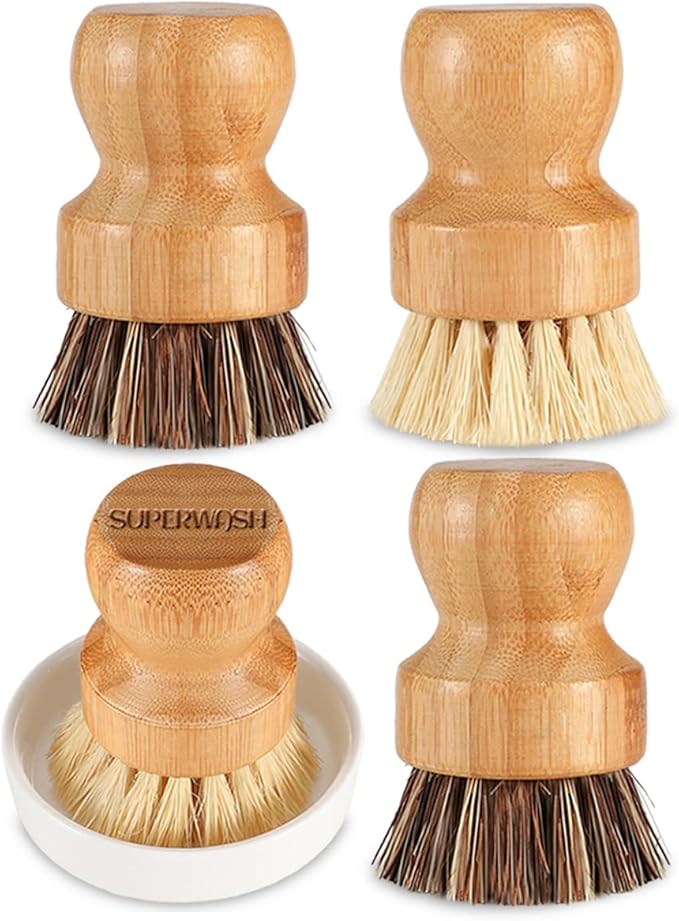 Bamboo Scrub Brush Clean Pan, Dish and Vegetable, Natural Bristles Palm Pot - Image 8
