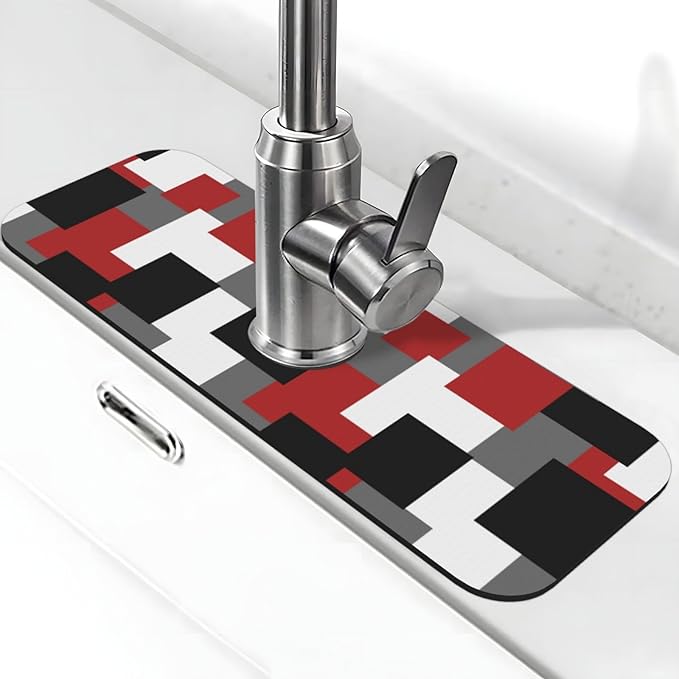 Grey Black White Plaid Square Red 15" X 5.5" Kitchen Sink Splash Guard Faucet by FDNUPIAN