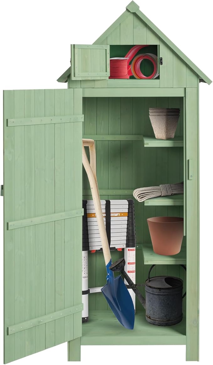 Outvita Outdoor Storage Cabinet, 70in Wooden Vertical Garden Tools Shed, Patio Storage Organizer with Latch & Waterproof Roof for Yard Deck Lawn Farmland Equipment(Green) by Outvita