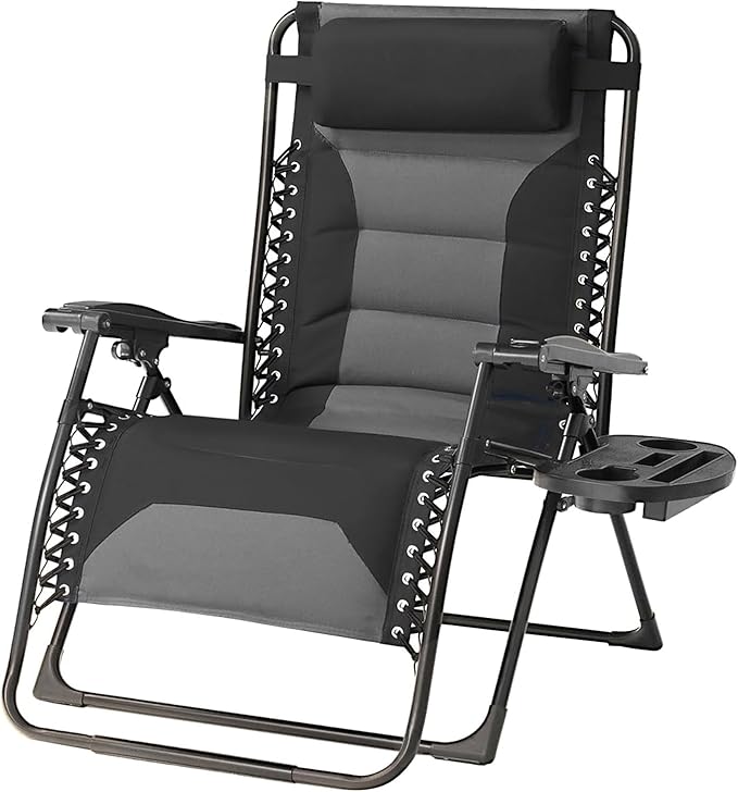 Zero Gravity Chair Oversized Padded Recliner with Adjustable Headrest & Cup Holder - XL 600D Oxford Folding Lounge Chair for Outdoor Camping, Patio, Poolside (Black & Gray) by Unknown