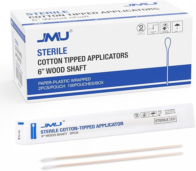 JMU 6 Inch Sterile Cotton Tipped Applicators, Wood Shaft Medical Swabs by JMU